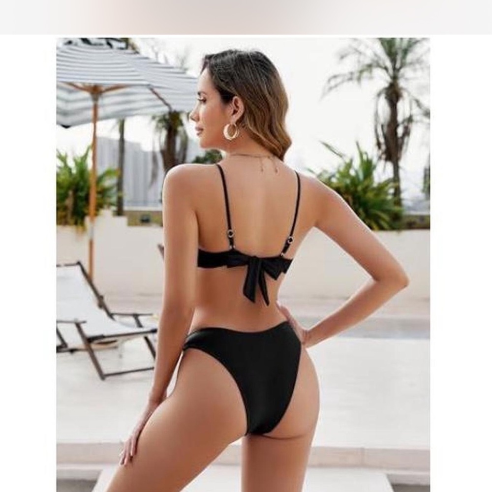 Black bikini cut out thing push up underwire bathing suit two piece cheeky sexy - Picture 3 of 6